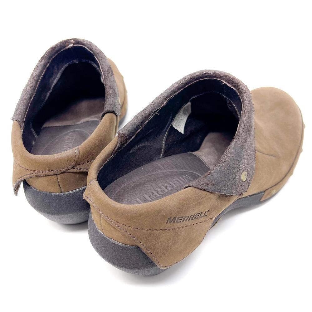 Merrell Luxe Wrap SlipOn Clogs Nubuck Leather Chocolate Brown Studded Shoes 10 - Picture 2 of 3